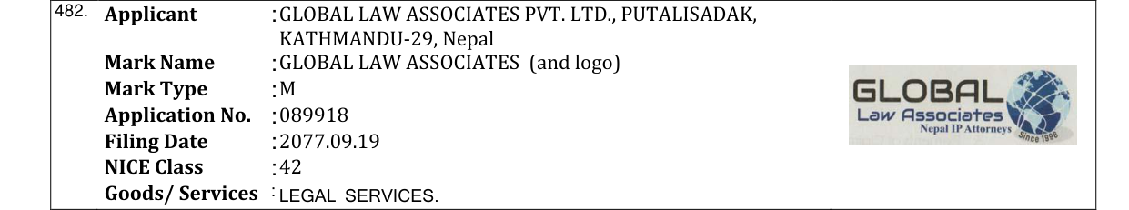 Original bulletin entry for GLOBAL LAW ASSOCIATES (and logo)