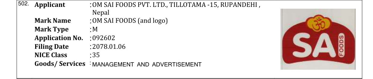 Original bulletin entry for OM SAI FOODS (and logo)