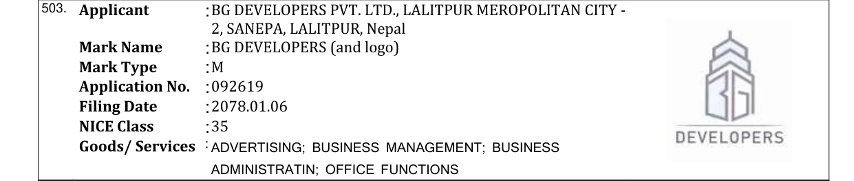 Original bulletin entry for BG DEVELOPERS (and logo)