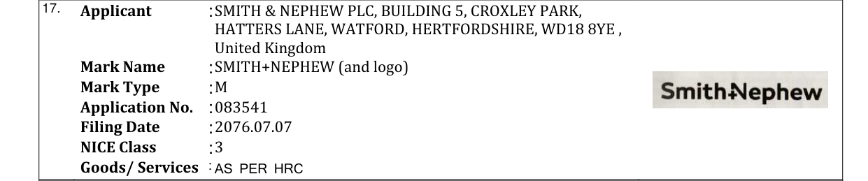 Original bulletin entry for SMITH+NEPHEW (and logo)