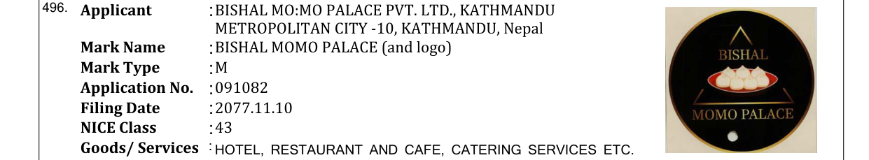 Original bulletin entry for BISHAL MOMO PALACE (and logo)