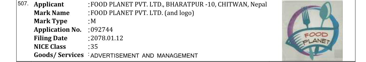 Original bulletin entry for FOOD PLANET PVT. LTD. (and logo)