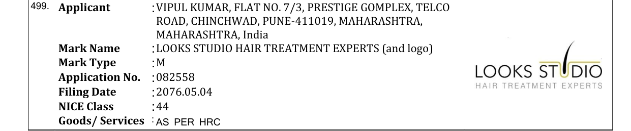 Original bulletin entry for LOOKS STUDIO HAIR TREATMENT EXPERTS (and logo)