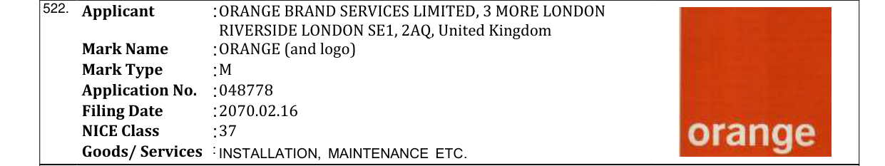 Original bulletin entry for ORANGE (and logo)