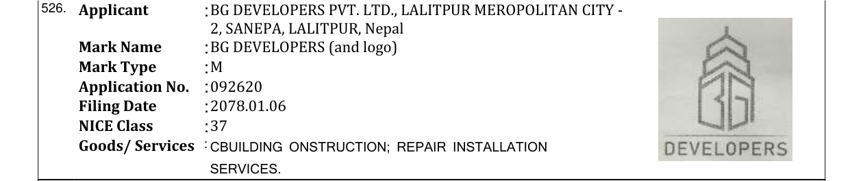 Original bulletin entry for BG DEVELOPERS (and logo)