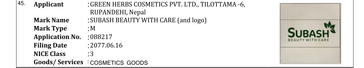 Original bulletin entry for SUBASH BEAUTY WITH CARE (and logo)