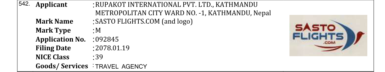 Original bulletin entry for SASTO FLIGHTS.COM (and logo)