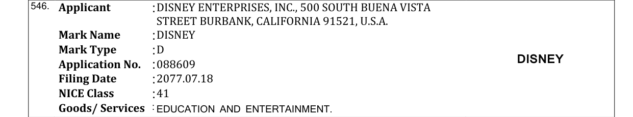 Original bulletin entry for DISNEY