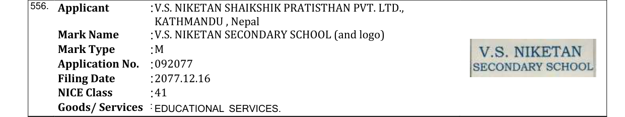 Original bulletin entry for V.S. NIKETAN SECONDARY SCHOOL (and logo)