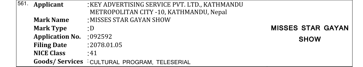 Original bulletin entry for MISSES STAR GAYAN SHOW