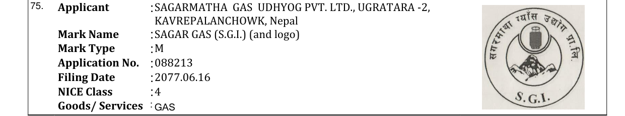 Original bulletin entry for SAGAR GAS (S.G.I.) (and logo)