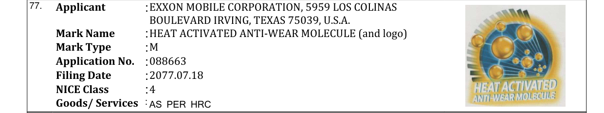 Original bulletin entry for HEAT ACTIVATED ANTI-WEAR MOLECULE (and logo)