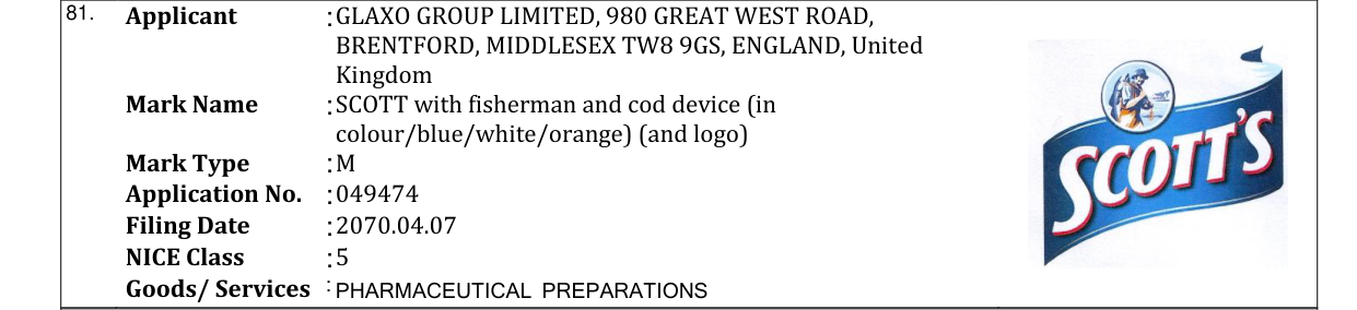 Original bulletin entry for SCOTT with fisherman and cod device (in colour/blue/white/orange) (and logo)