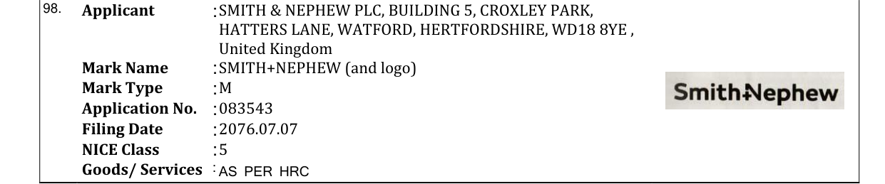 Original bulletin entry for SMITH+NEPHEW (and logo)