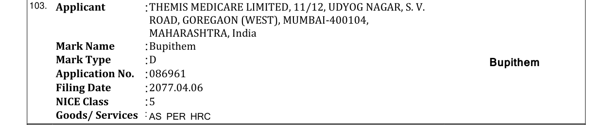 Original bulletin entry for Bupithem