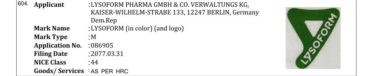 Original bulletin entry for LYSOFORM (in color) (and logo)