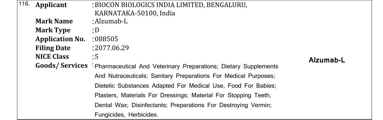Original bulletin entry for Alzumab-L