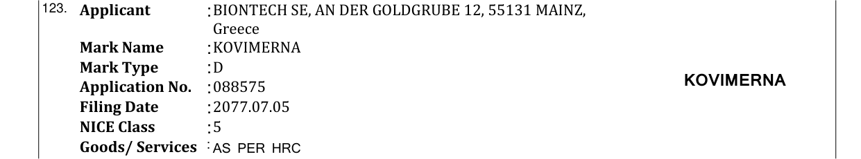 Original bulletin entry for KOVIMERNA
