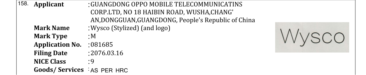 Original bulletin entry for Wysco (Stylized) (and logo)