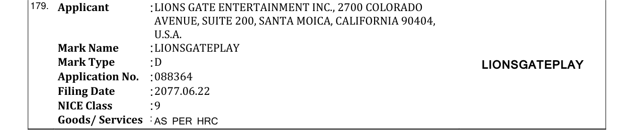 Original bulletin entry for LIONSGATEPLAY