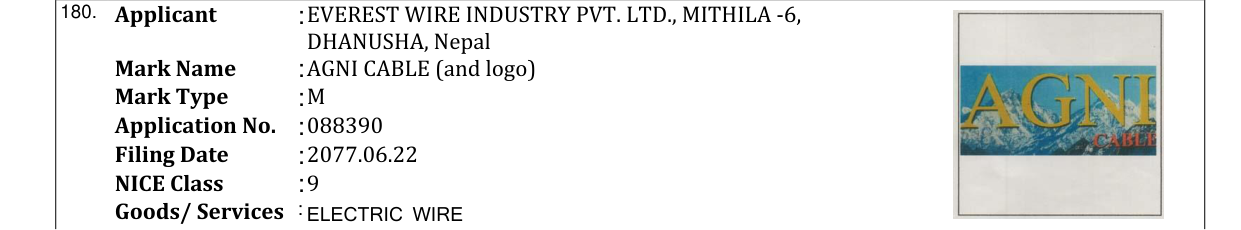 Original bulletin entry for AGNI CABLE (and logo)