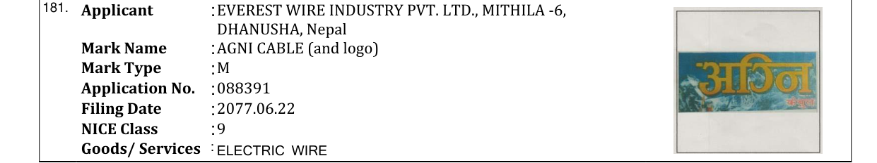 Original bulletin entry for AGNI CABLE (and logo)