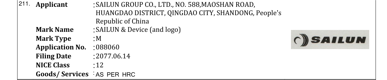 Original bulletin entry for SAILUN & Device (and logo)