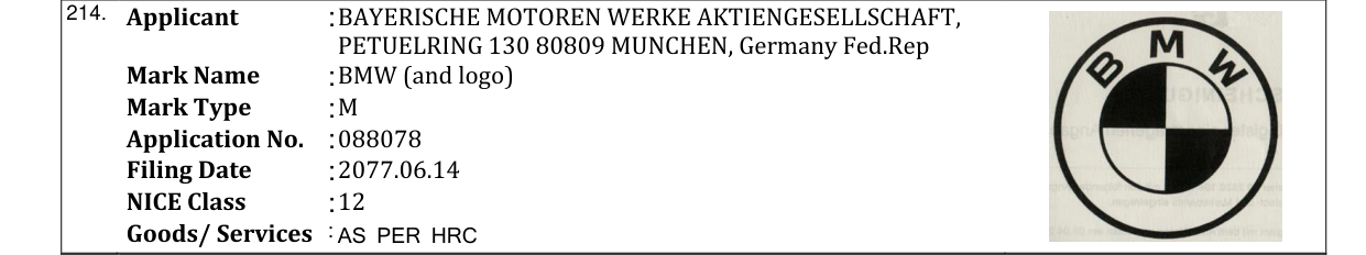 Original bulletin entry for BMW (and logo)