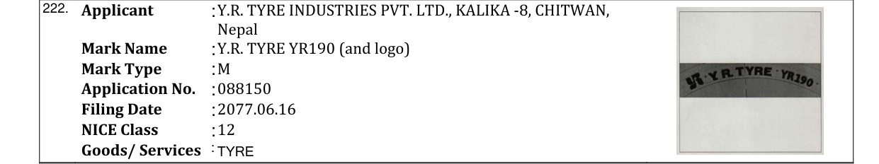 Original bulletin entry for Y.R. TYRE YR190 (and logo)