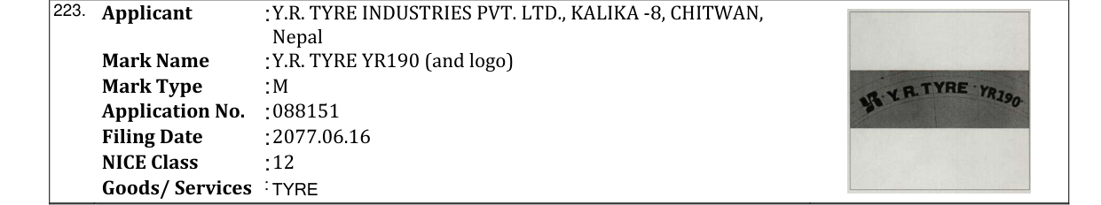 Original bulletin entry for Y.R. TYRE YR190 (and logo)