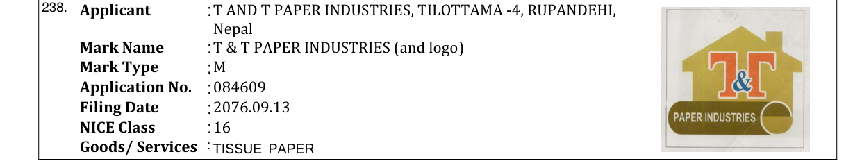 Original bulletin entry for T & T PAPER INDUSTRIES (and logo)