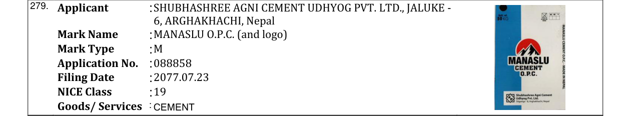 Original bulletin entry for MANASLU O.P.C. (and logo)