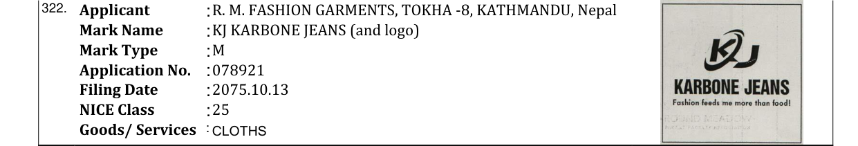 Original bulletin entry for KJ KARBONE JEANS (and logo)