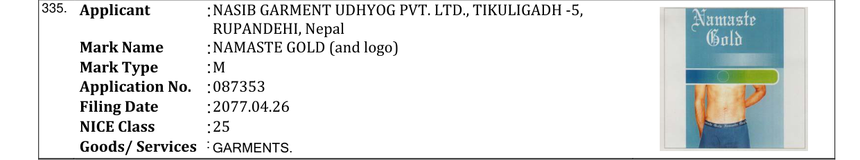 Original bulletin entry for NAMASTE GOLD (and logo)