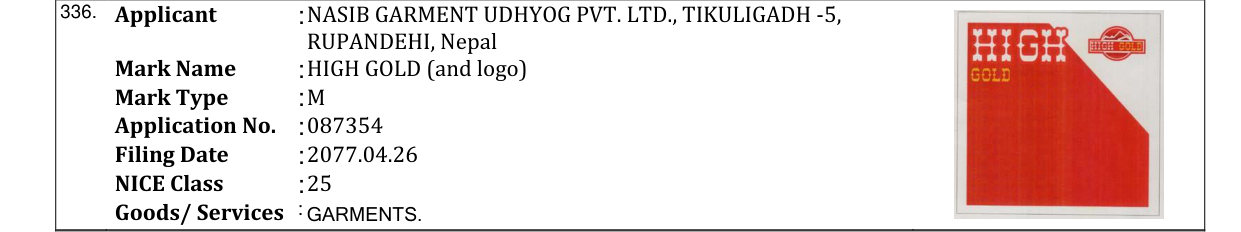 Original bulletin entry for HIGH GOLD (and logo)