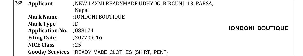Original bulletin entry for IONDONI BOUTIQUE
