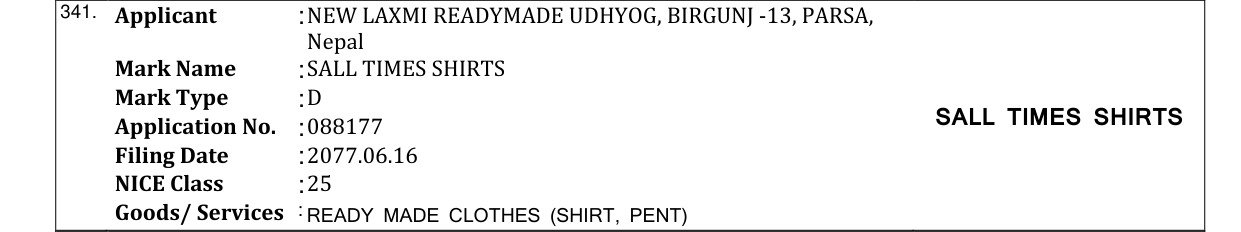 Original bulletin entry for SALL TIMES SHIRTS