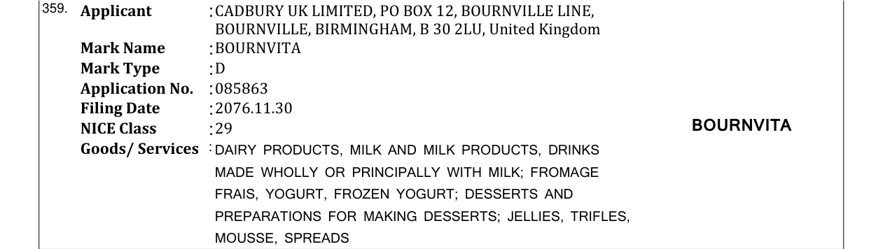 Original bulletin entry for BOURNVITA