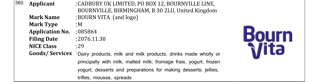 Original bulletin entry for BOURN VITA (and logo)