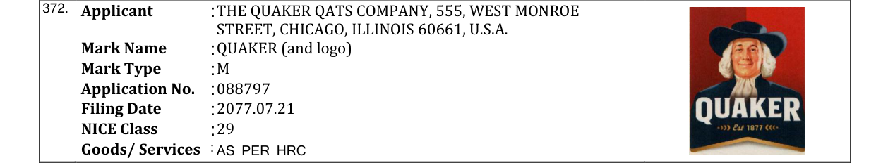 Original bulletin entry for QUAKER (and logo)