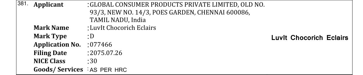Original bulletin entry for LuvIt Chocorich Eclairs