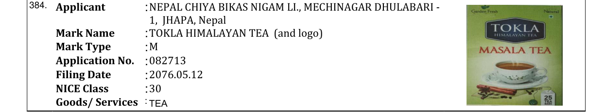 Original bulletin entry for TOKLA HIMALAYAN TEA (and logo)