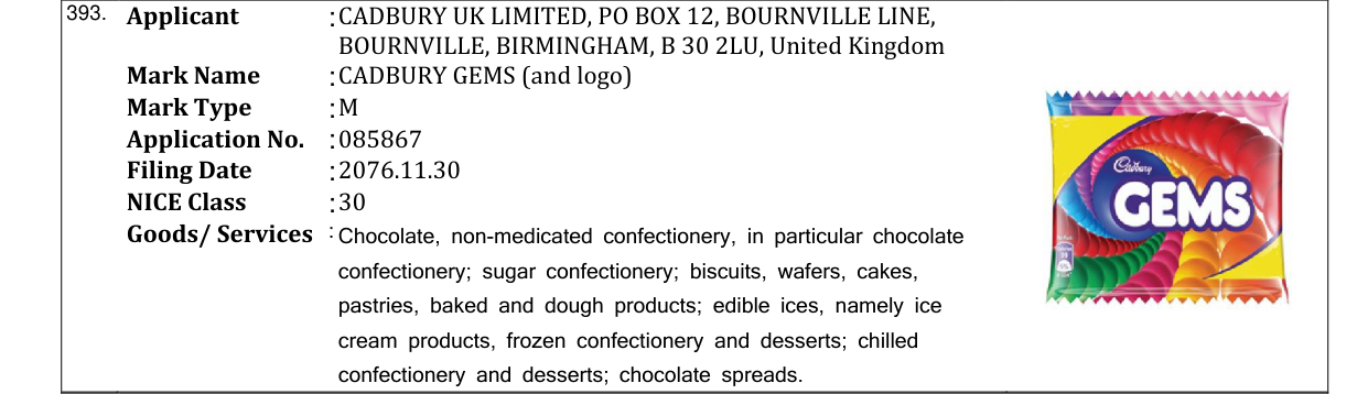 Original bulletin entry for CADBURY GEMS (and logo)