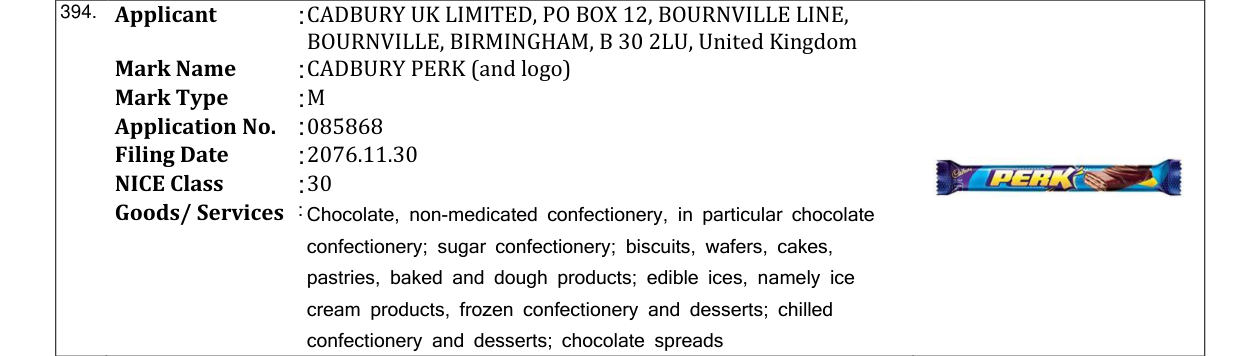 Original bulletin entry for CADBURY PERK (and logo)