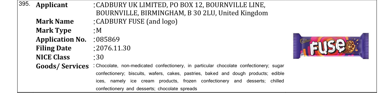 Original bulletin entry for CADBURY FUSE (and logo)