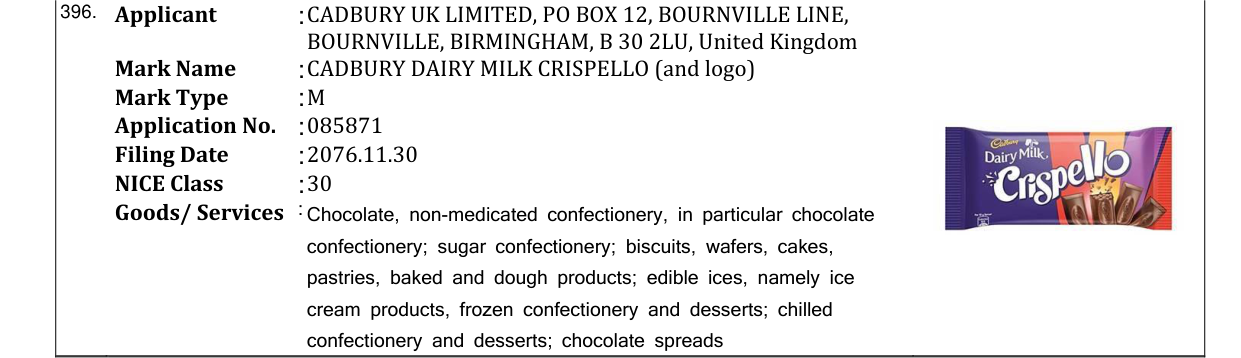 Original bulletin entry for CADBURY DAIRY MILK CRISPELLO (and logo)