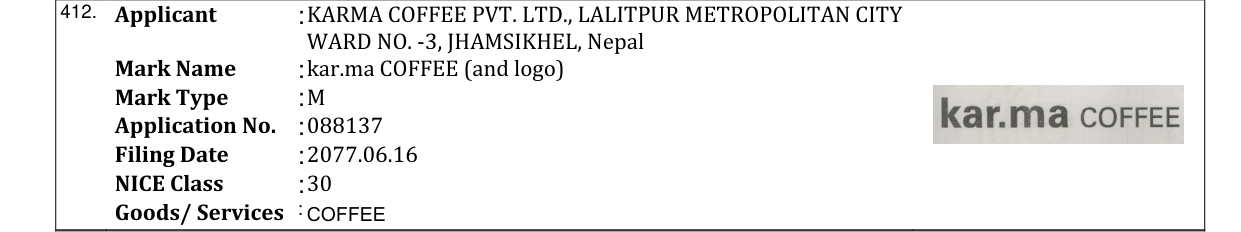 Original bulletin entry for kar.ma COFFEE (and logo)