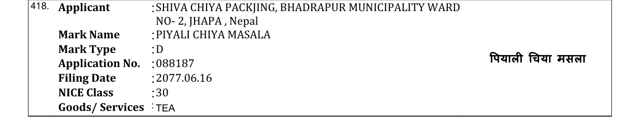 Original bulletin entry for PIYALI CHIYA MASALA