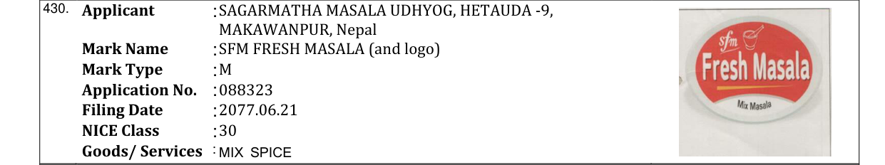 Original bulletin entry for SFM FRESH MASALA (and logo)