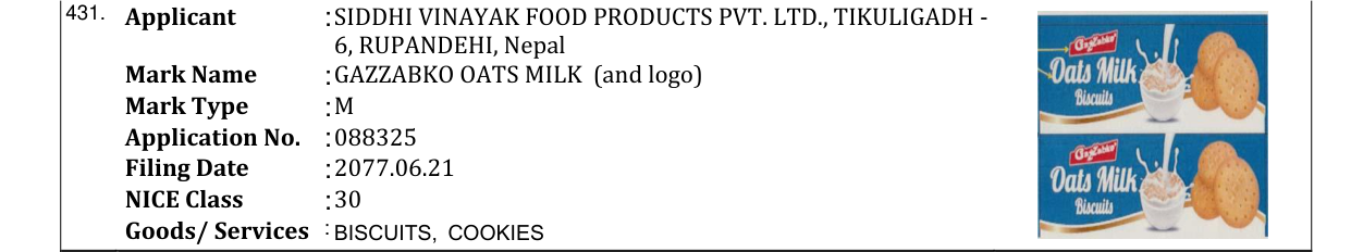 Original bulletin entry for GAZZABKO OATS MILK (and logo)